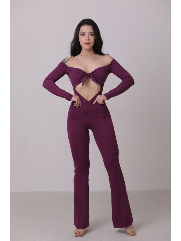 Off shoulder tie up flare jumpsuit 