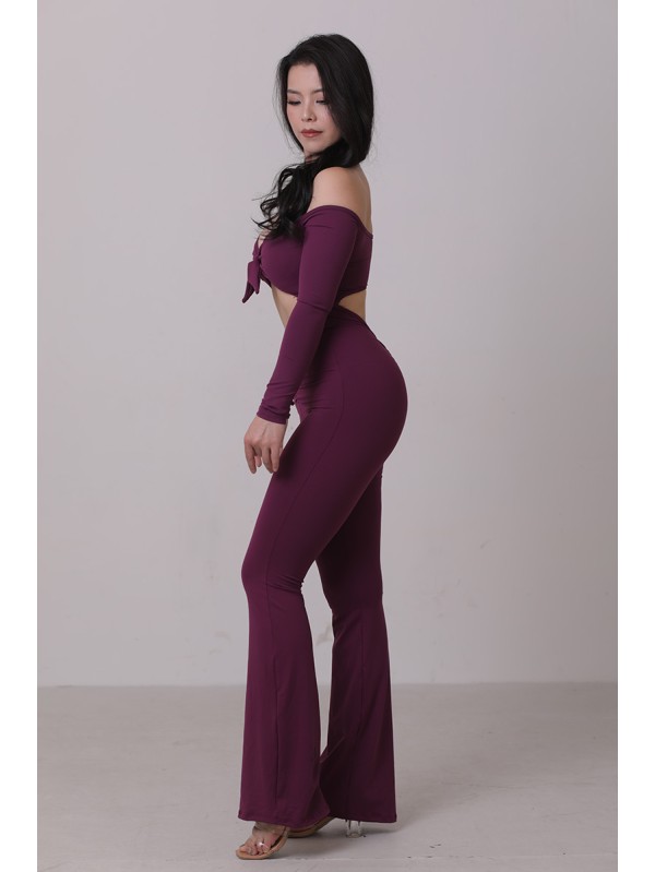 Off shoulder tie up flare jumpsuit