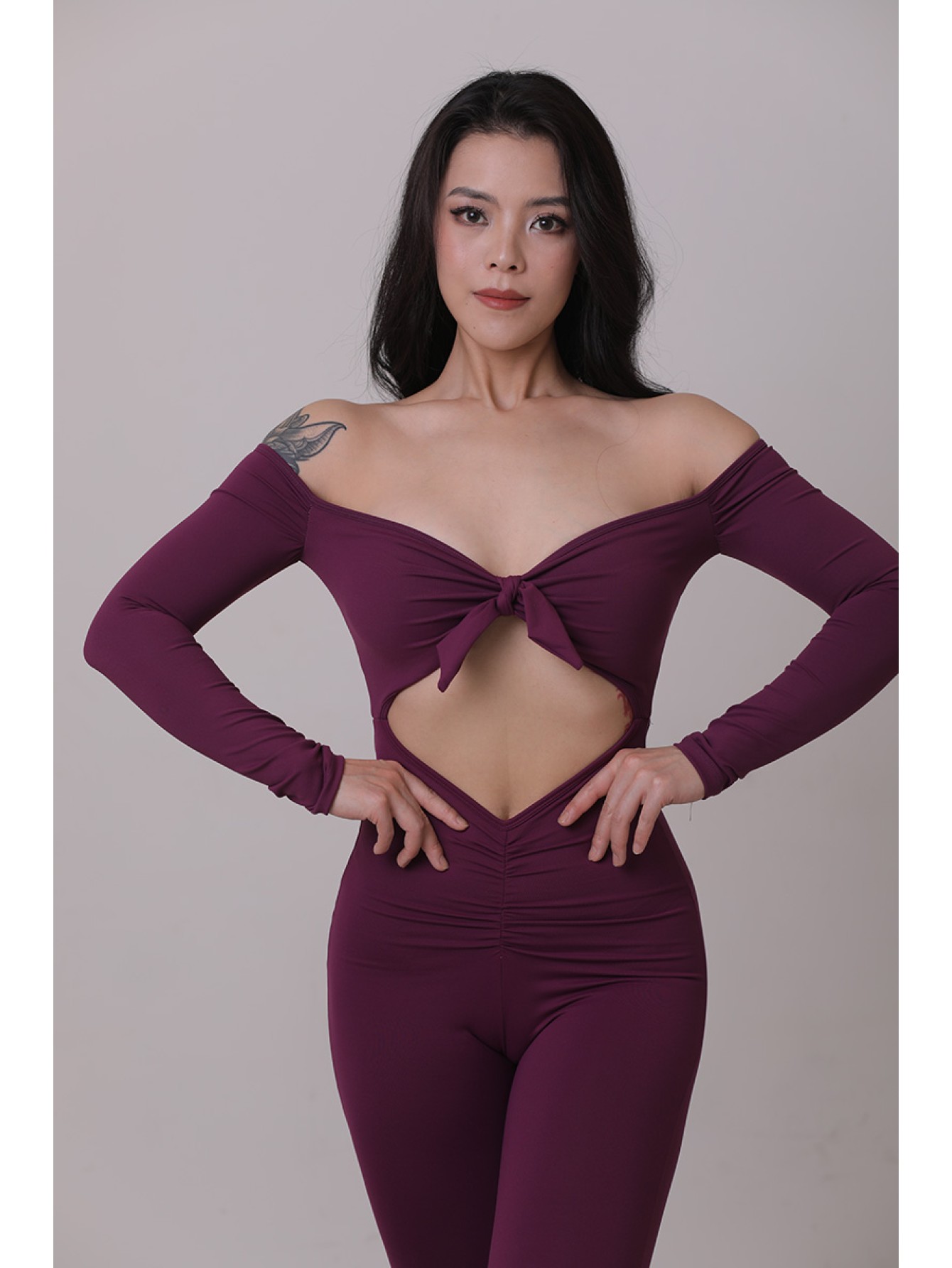 Off shoulder tie up flare jumpsuit 