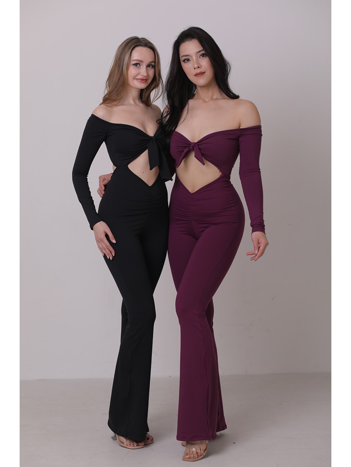 Off shoulder tie up flare jumpsuit