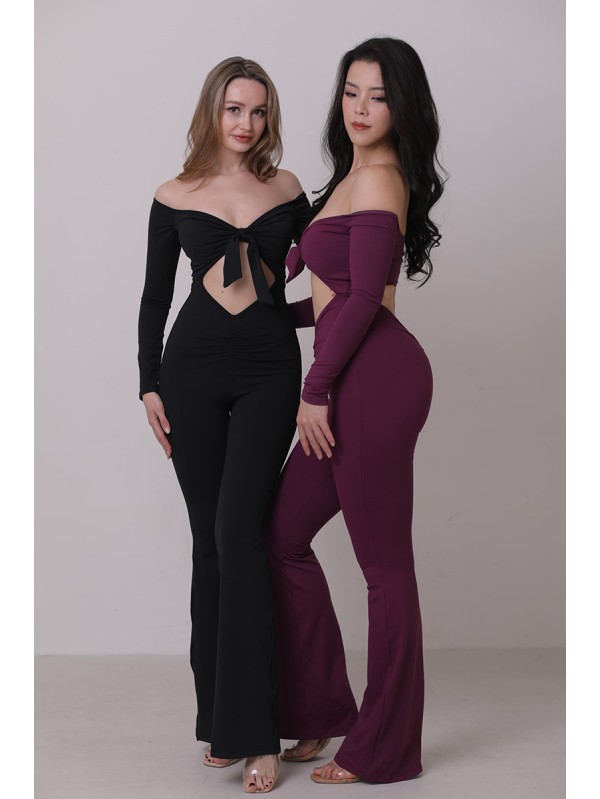 Off shoulder tie up flare jumpsuit
