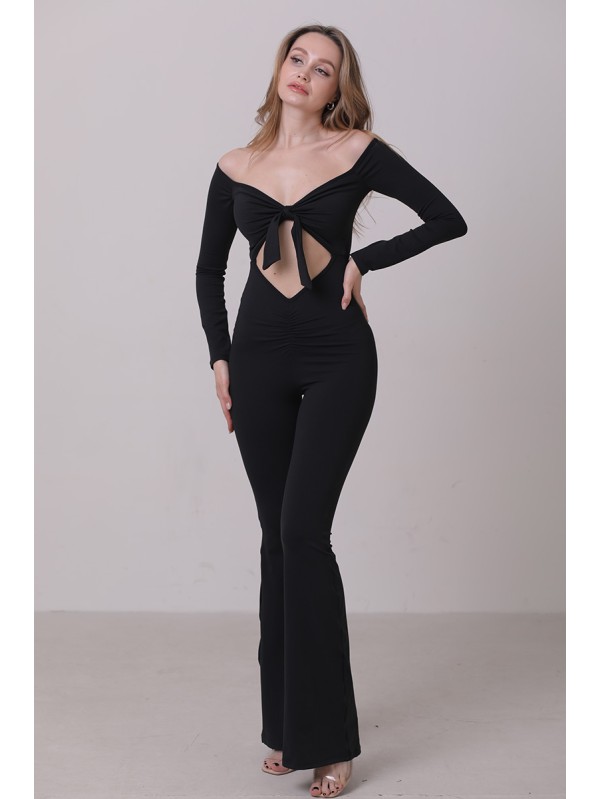 Off shoulder tie up flare jumpsuit