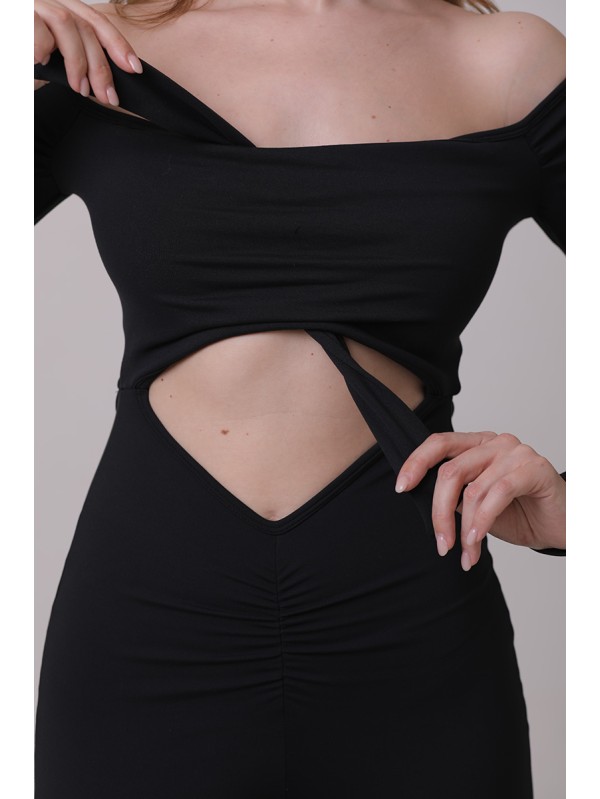Off shoulder tie up flare jumpsuit