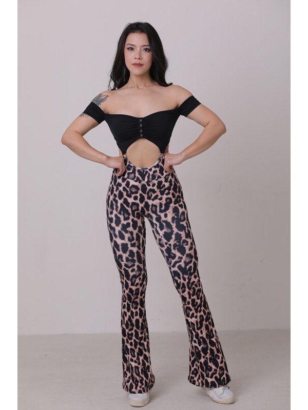 Off shoulder suspender flare jumpsuit  