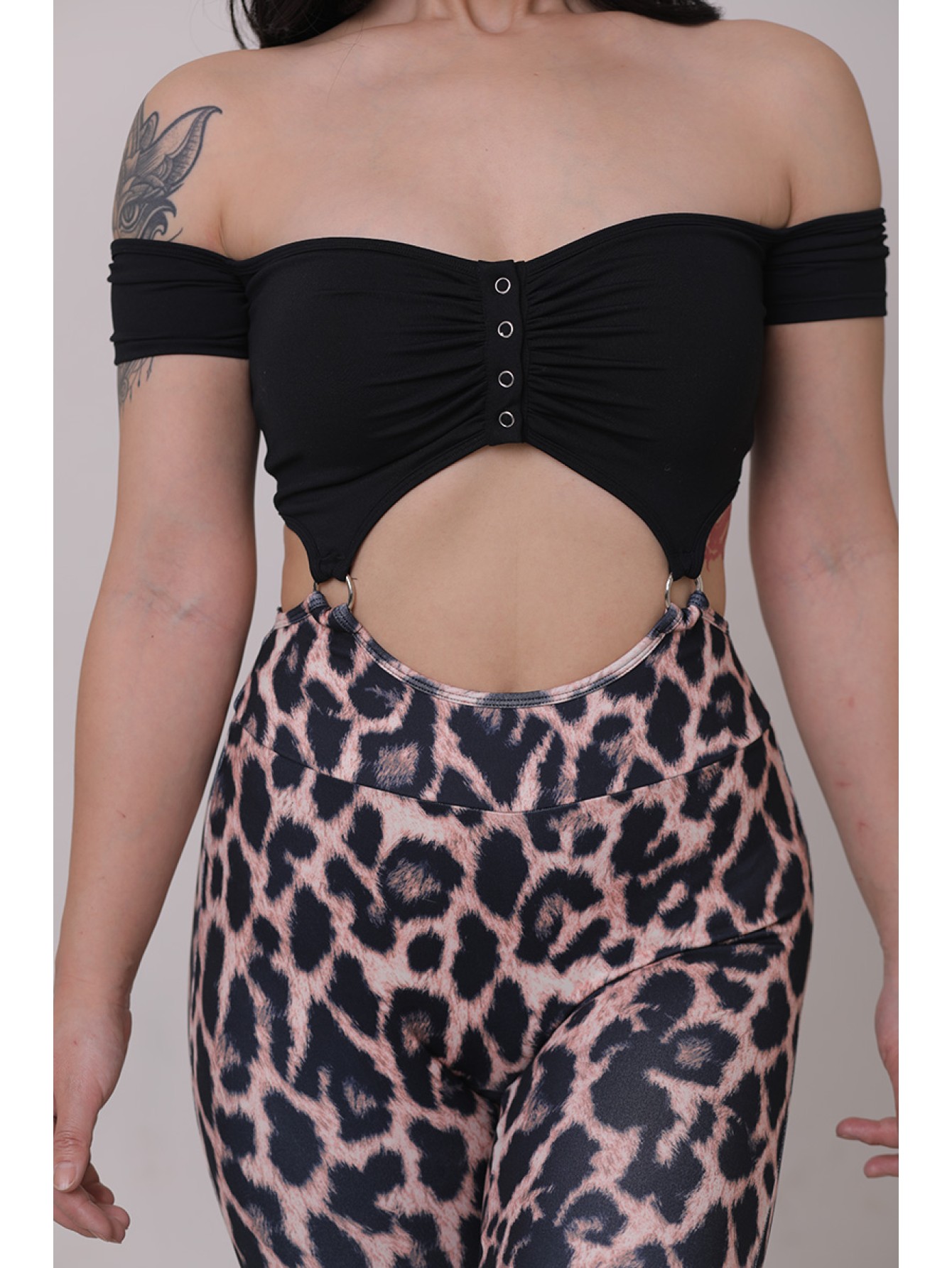 Off shoulder suspender flare jumpsuit  