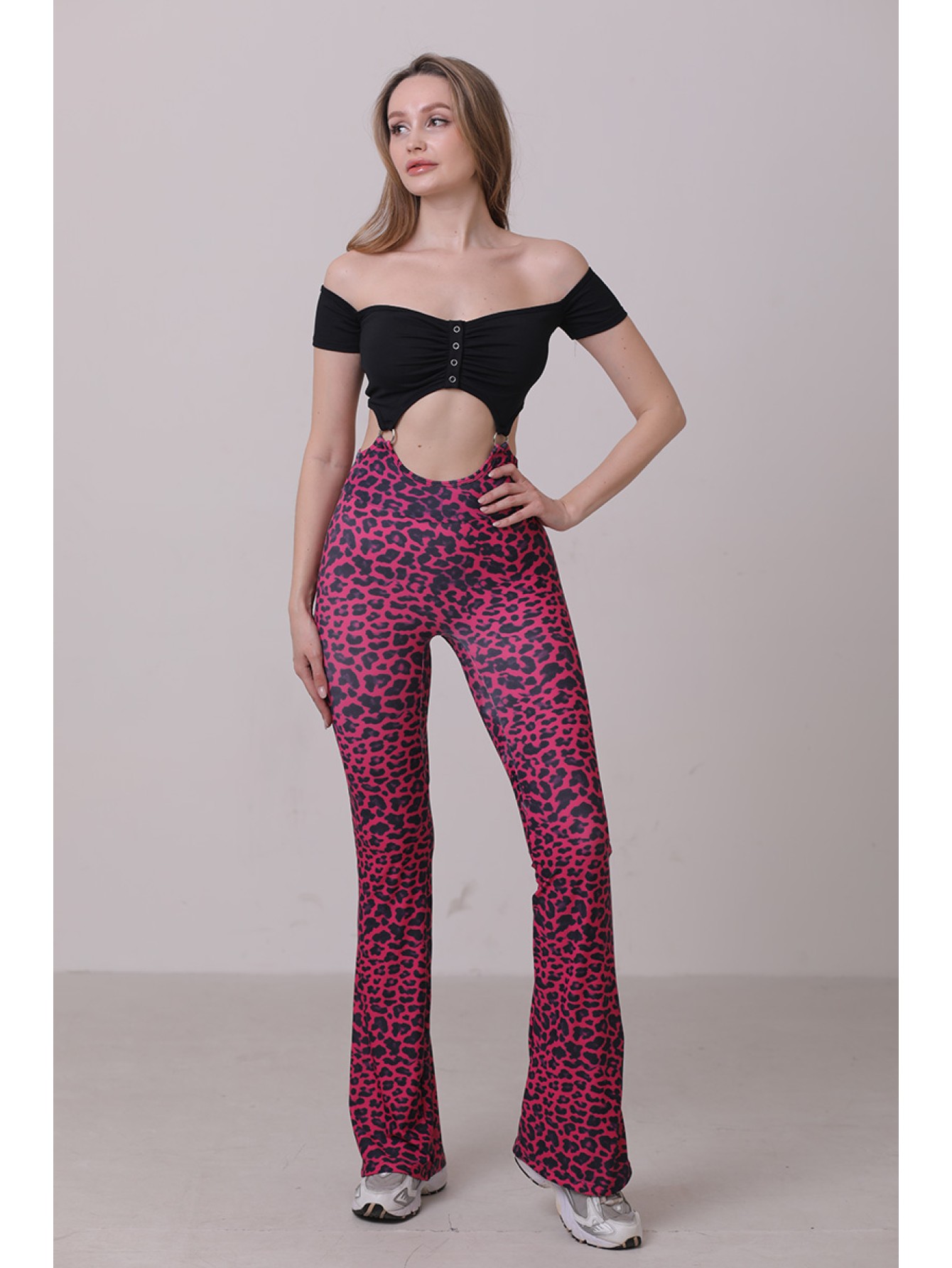 Off shoulder suspender flare jumpsuit  