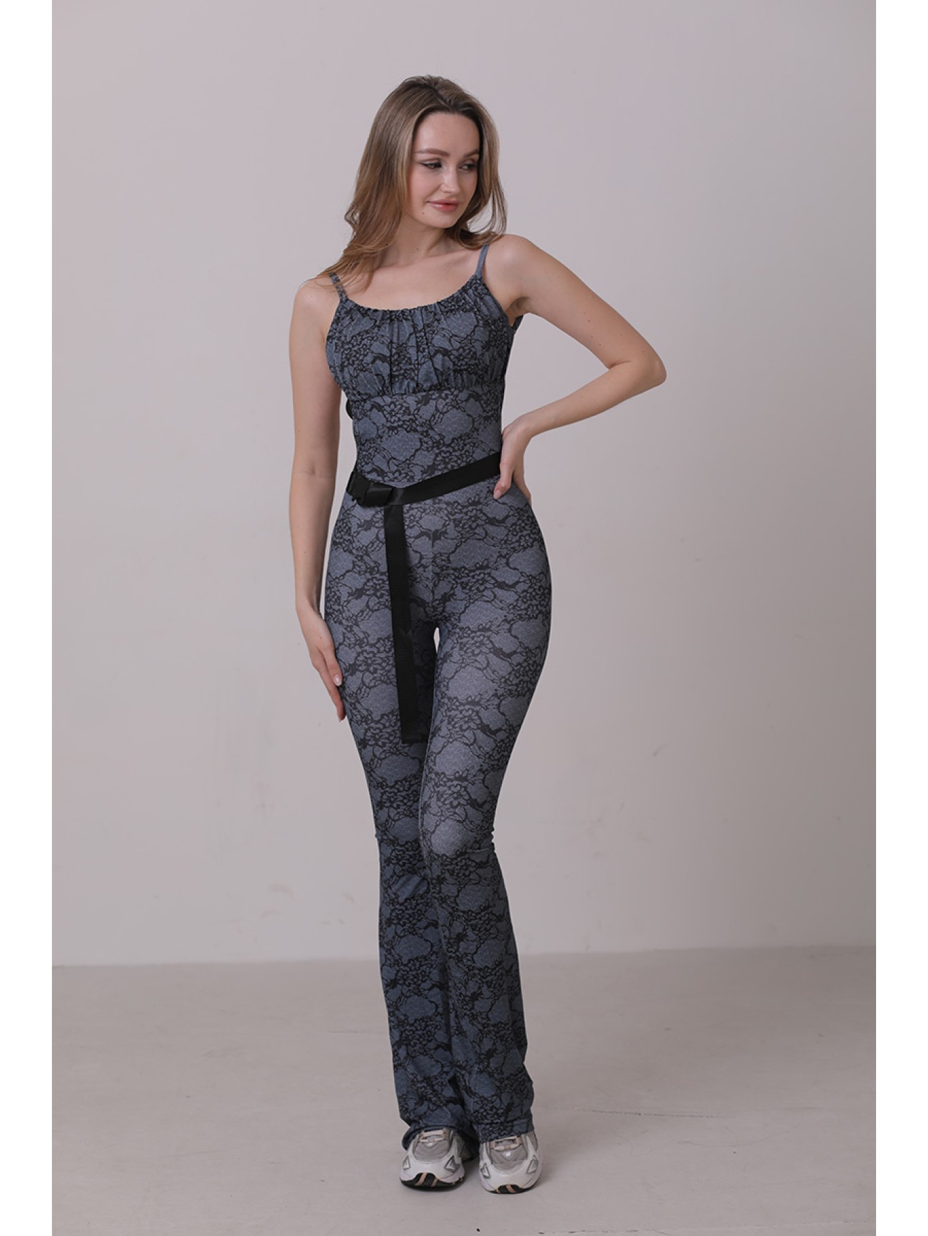 Lafitwear original design lace - printed belt flared jumpsuit, a sexy European - American style fitness flared pants 