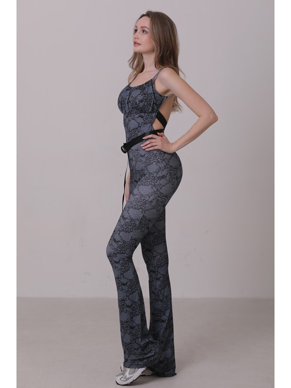 Lafitwear original design lace - printed belt flared jumpsuit, a sexy European - American style fitness flared pants 