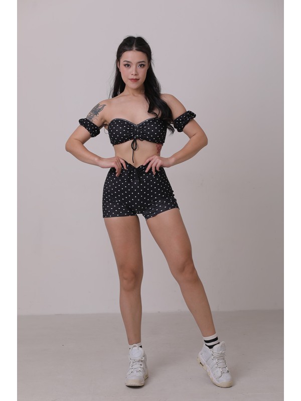 Lafitwear printed Lycra fitness set, off - the - shoulder sports bra with padded cups, 3 - inch fitness shorts for peachy buttocks