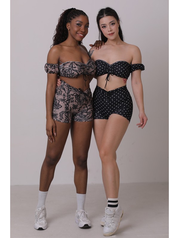 Lafitwear printed Lycra fitness set, off - the - shoulder sports bra with padded cups, 3 - inch fitness shorts for peachy buttocks