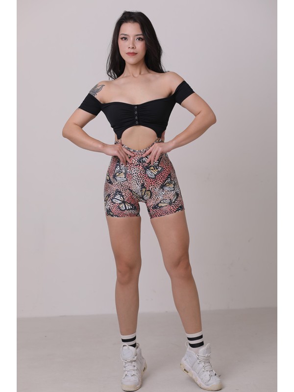 Lafitwear printed Lycra fitness set, off - the - shoulder sports bra with padded cups, 3 - inch fitness shorts for peachy buttocks