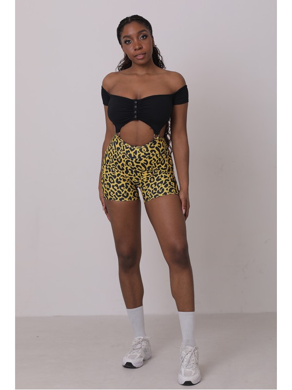 Lafitwear printed Lycra fitness set, off - the - shoulder sports bra with padded cups, 3 - inch fitness shorts for peachy buttocks