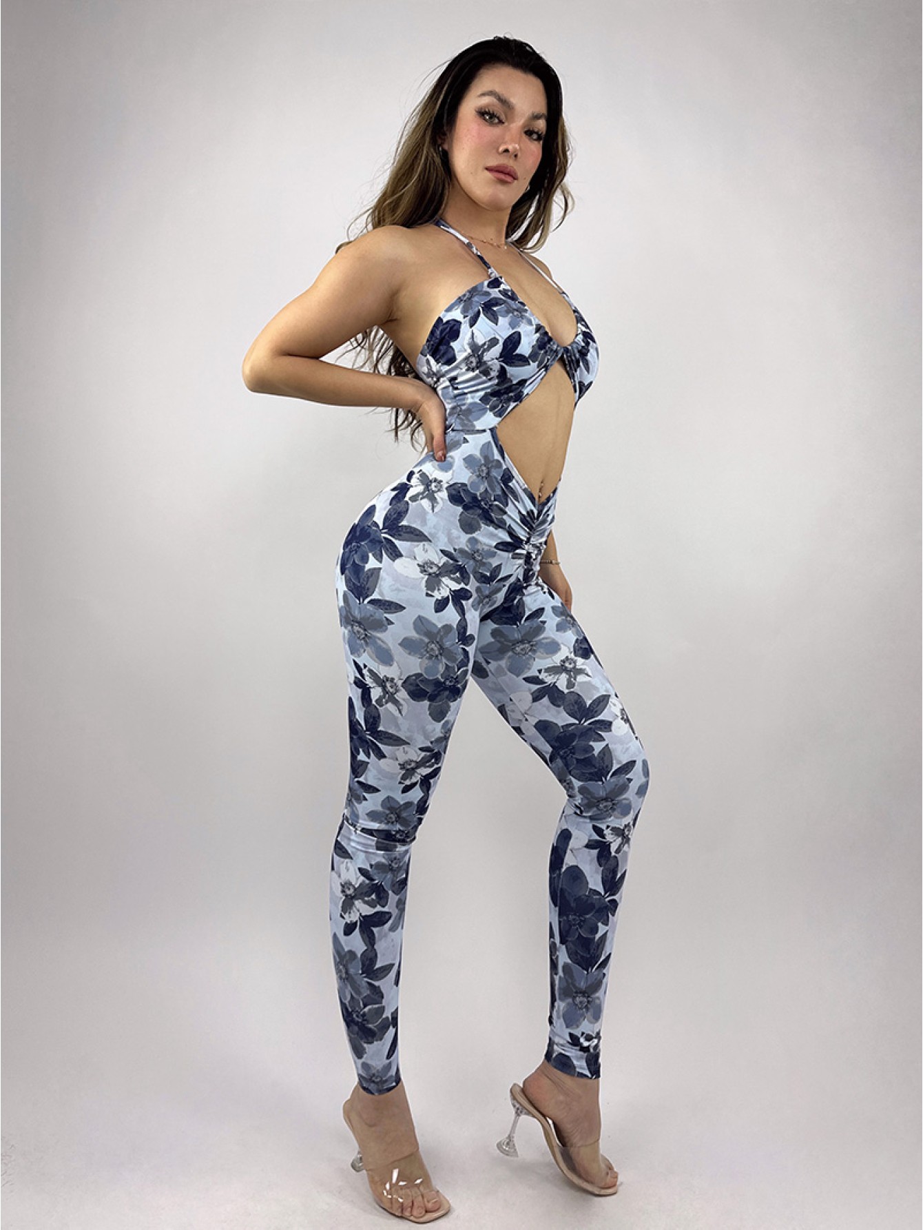 Lafitwear original printed sexy midriff-baring deep V fitness pants with high elasticity and slim fit dance one-piece pants for export to Europe and America. 
