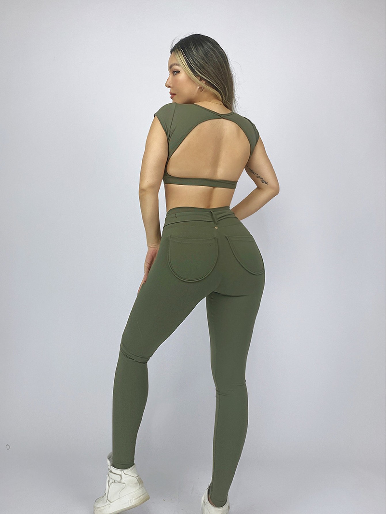 lafitwear original export European and American fitness sports backless short sleeve chest pleated nylon belt yoga pants 