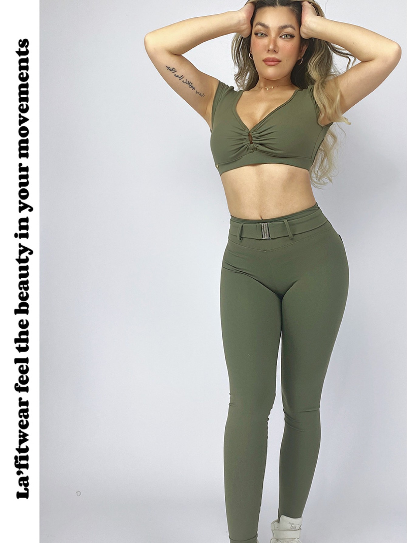 lafitwear original export European and American fitness sports backless short sleeve chest pleated nylon belt yoga pants 